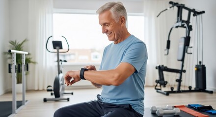 Obraz premium Senior man checking smartwatch for health metrics during home workout. Elderly male monitoring fitness progress and heart rate, staying active.