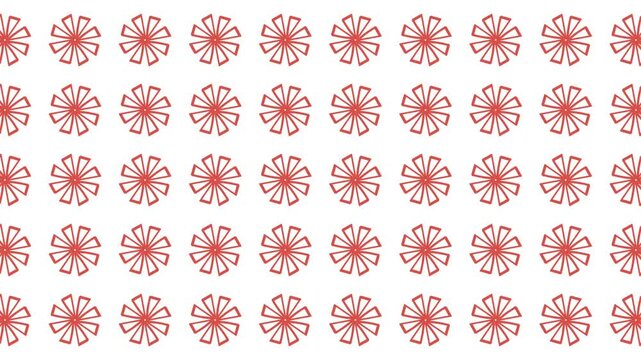 Repeating pattern of red flowerlike symbols on white. Suitable for textile design, wallpaper, gift wrap, digital backgrounds, and stationery.