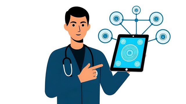 Doctor presenting digital health network on tablet. Telemedicine, connected medical technology, and healthcare innovation concept.