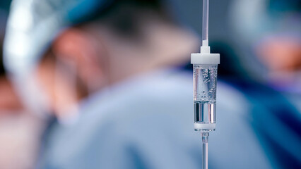Medical IV drip with clear fluid suspended in foreground, blurred surgical team in background,...