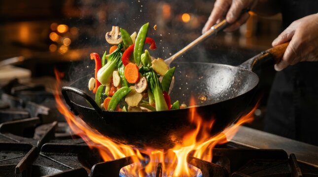 Professional chef stir frying vibrant vegetables high above intense flames in a traditional kitchen wok creating spectacular healthy food theater - Powered by Adobe