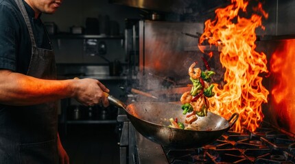 Dynamic shot of a culinary professional tossing fresh shrimp and green broccoli over intense roaring flames demonstrating authentic wok cooking mastery