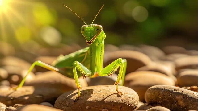 A green praying mantis stands on a sun-drenched pebble with the sound of a nearby stream