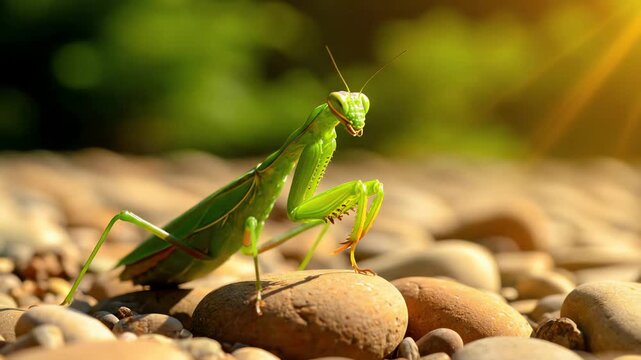A stunning close up of a green praying mantis perched on a sunlit rock in a natural setting.