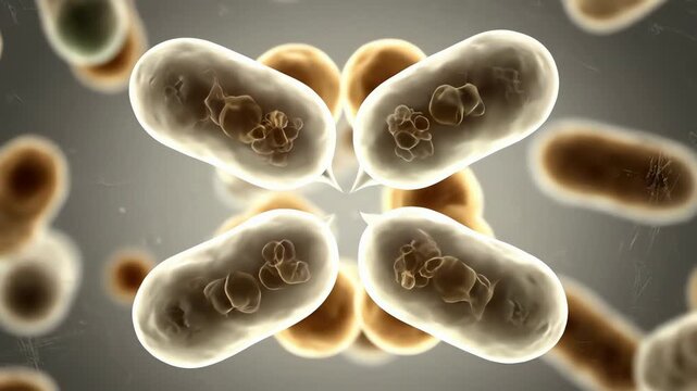 A scientific visualization of microscopic bacteria undergoing cell division and replication