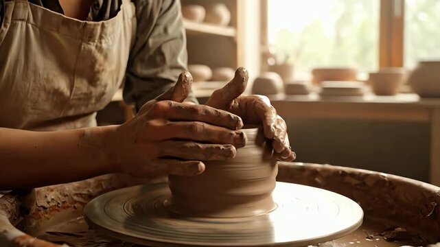 Close up of potter's hands shaping clay on a spinning wheel in a rustic studio