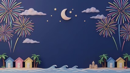 Clay-style pastel beach New Year celebration at night with fireworks and tropical huts