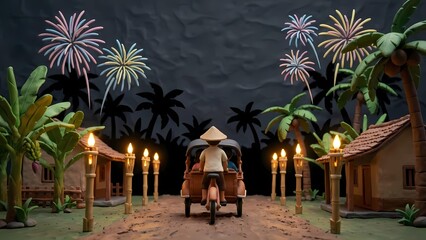 Clay-style tropical village New Year celebration at night with fireworks and pedicab rider