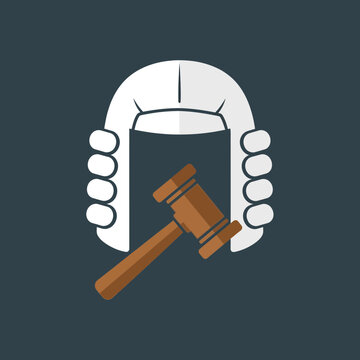 A judge wig and gavel are depicted in a stylized flat illustration.