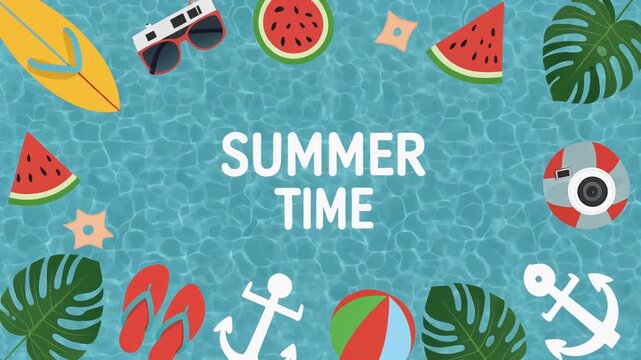 A vibrant illustration of summer time with various beach and vacation elements floating on a blue water background.