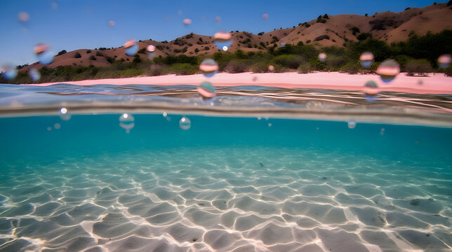 Pink Beach Lombok split level view showing underwater seabed and pink sandy coastline