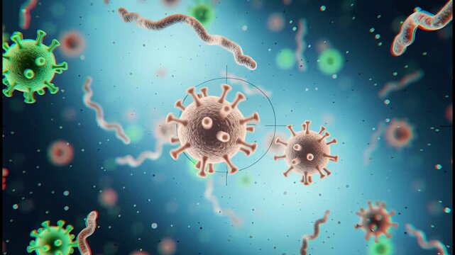 Understanding microbes under a microscope in a lab setting with close-up views of bacteria and viruses