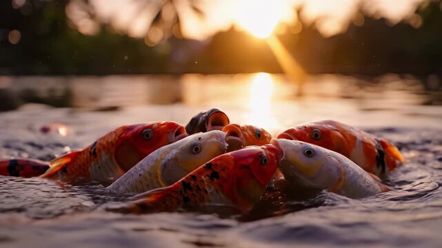 A group of colorful koi fish swim gracefully in clear water as sunlight shines above, creating a serene environment. The koi fish display vibrant colors and patterns that enchant t