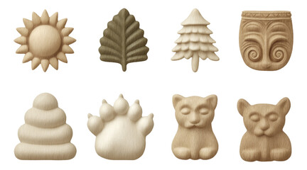 Carved Wood Symbols Featuring Sun, Trees, Animals, and Nature Emblems on Transparent Background