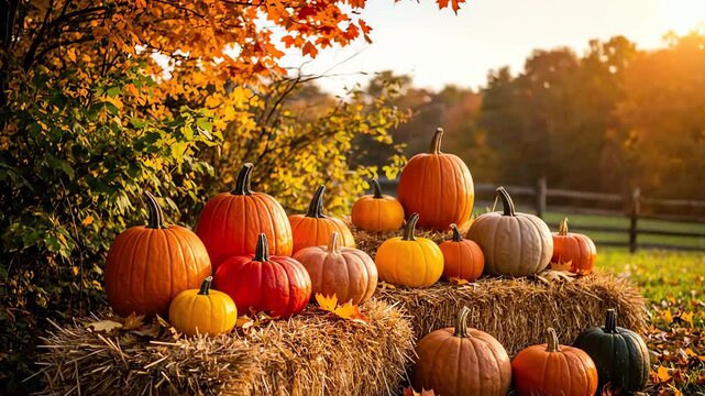 A festive autumn harvest display of colorful pumpkins on hay bales during a beautiful golden sunset.