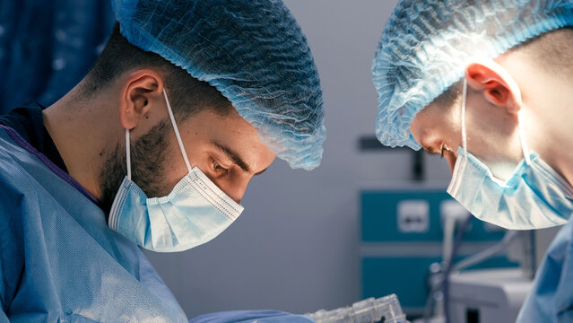 Two male surgeons in blue surgical attire and masks are focused on a medical procedure, showcasing teamwork and precision in a modern operating room environment - Powered by Adobe