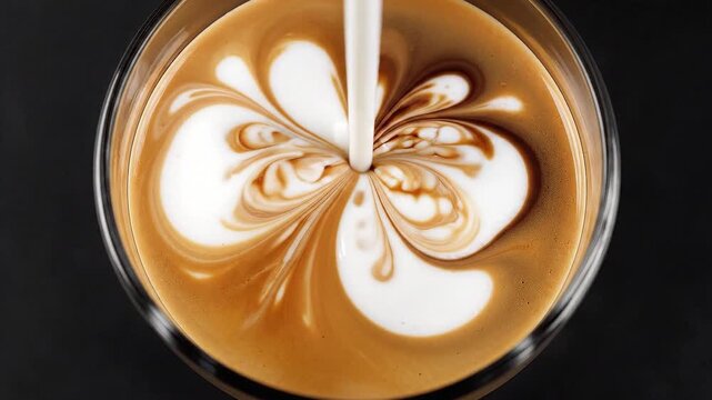 Latte Art Pour: The image captures a detailed shot of a skilled barista pouring steamed milk into a freshly brewed espresso, creating an intricate flower pattern and showcasing the artistry of coffee