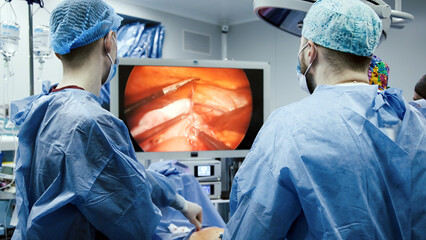 Two medical professionals in surgical scrubs are focused on a monitor displaying a surgical procedure, highlighting teamwork and precision in a modern operating room environment