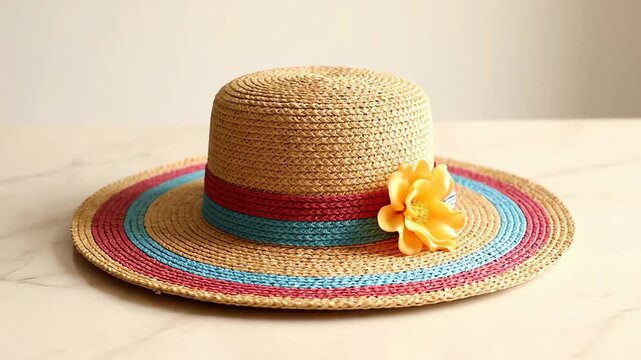 A stylish straw sun hat with vibrant colorful bands and a yellow flower on a marble surface.