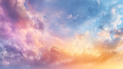 Obraz premium Vibrant sunset sky with soft, illuminated clouds, gradient hues.