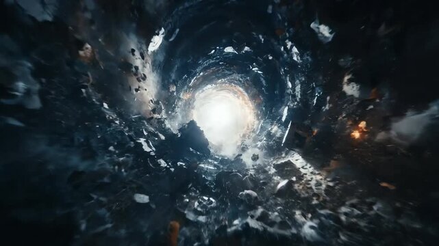 Cinematic flight through a chaotic cosmic tunnel of exploding debris towards a brilliant white light