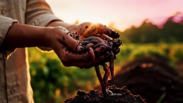 A woman holds soil and earthworms in her hands, connecting with nature in the warm light of sunset. The earthworms play a vital role in enriching the soil as she works.