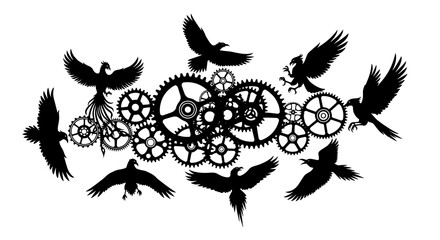 Silhouettes of Crows and Gears on White Background.