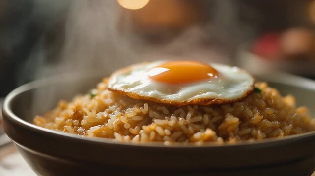 Authentic Nasi Goreng: Delicious Indonesian Fried Rice with a Steaming Sunny-Side-Up Egg