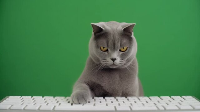 Majestic Gray Cat Typing on a Computer Keyboard on a Bright Green Screen.