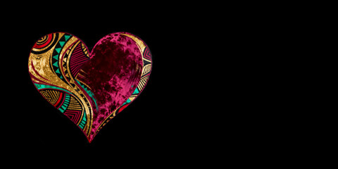 Colorful patterned heart in a vibrant ethnic style with velvet elements, on a black background with copy space for text