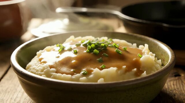 Close up of steaming mashed potatoes with savory gravy and fresh chives in a rustic bowl