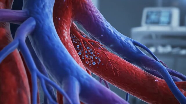 Medical 3D animation of microbubbles or nanoparticles flowing inside a human blood vessel for targeted drug delivery