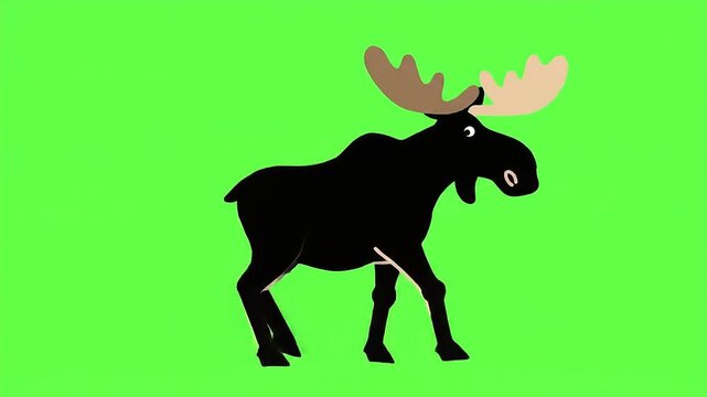 Cartoon black moose with brown antlers on bright green background