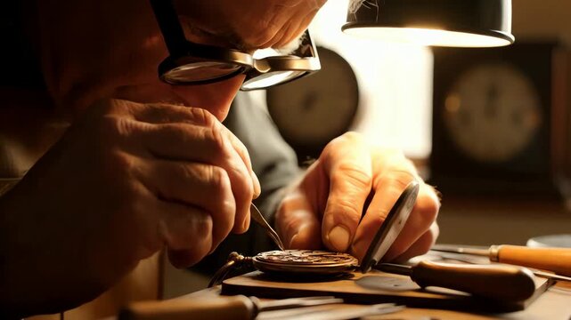 Close up of a skilled watchmaker meticulously repairing an antique pocket watch with precision tools and magnifier