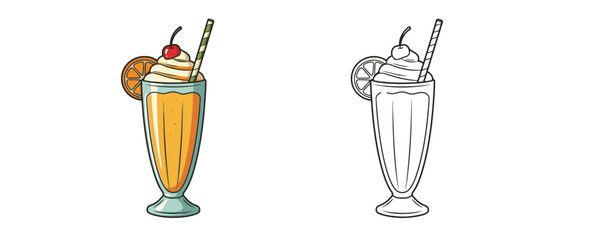 Summer orange fruit drinks with a straw and whipped cream in a transparent glass, one colored and one black and white outline vector illustration