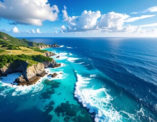 Scenic aerial view of rocky coastline with bright blue ocean and fluffy white clouds against a clear blue sky