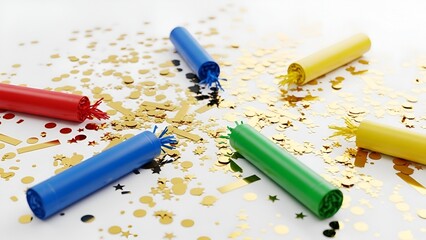 Celebratory arrangement of vibrant party poppers and shimmering gold confetti on pristine white