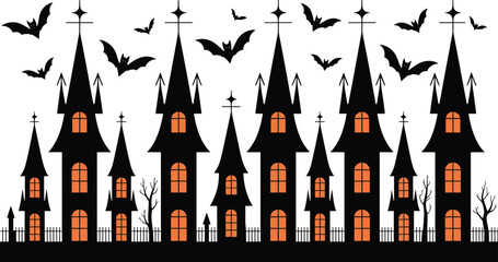 Haunted Gothic Castle Silhouette with Bats, Spooky Halloween Night Scene, Flat Vector Illustration for Horror, Fantasy, and Dark Background Design