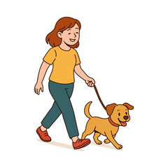 Young woman walking dog illustration in friendly cartoon style &mdash; daily pet routine scene for lifestyle graphics, apps, prints and education