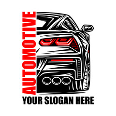 Modern automotive typography logo with stylized sports car rear view and editable slogan &mdash; performance vehicle branding graphic