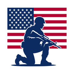 Kneeling Soldier Silhouette with American Flag Tribute Illustration &mdash; military honor memorial graphic for veterans day remembrance designs