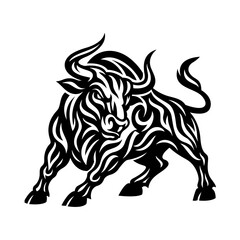 Powerful Tribal Bull Illustration with Dynamic Horns and Aggressive Stance — Strong Animal Symbol Graphic for Logos, Tattoos, Apparel and Prints
