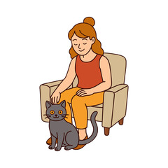 Woman sitting with pet cat illustration in cozy home setting &mdash; calm lifestyle scene for mental wellness, pet care, and daily life concepts