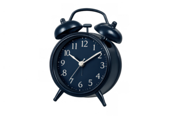 Black retro alarm clock with an analog face and twin bells. The timepiece symbolizes time passing, urgency, and deadlines. Transparent background