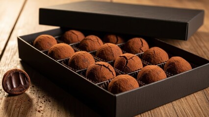 Box of chocolate truffles with cocoa powder, on wood table, with one truffle cut