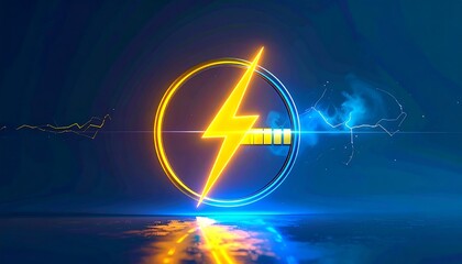 A striking, neon yellow lightning bolt icon encircled by a glowing ring, with a charging bar, against a dark blue background.