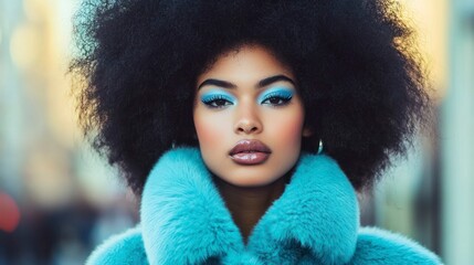 A young Black woman with an afro hairstyle wears a bright blue fur coat. She has striking blue eye makeup and a confident expression, embodying a glacier aesthetic.
