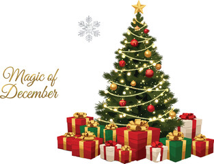 Beautiful decorated Christmas tree with glowing lights, sparkling ornaments and colorful gift boxes, festive holiday season illustration celebrating the magical spirit of December