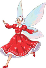 Beautiful Christmas fairy in red snowflake dress with glowing wings, festive magical character illustration for holiday season, winter fantasy artwork