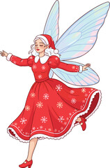 Beautiful Christmas fairy in red festive dress with snowflake pattern, magical holiday character with glowing wings, whimsical winter season illustration